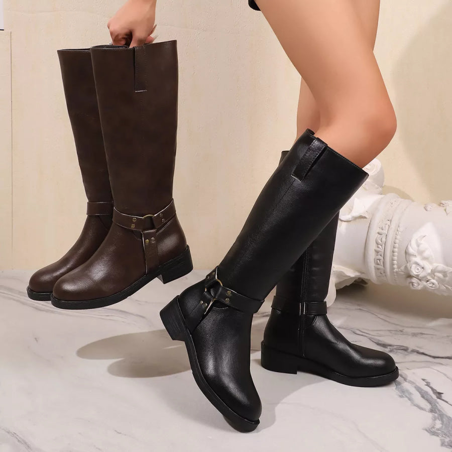 Knee-High Buckle Strap Riding Boots Apparel and Accessories