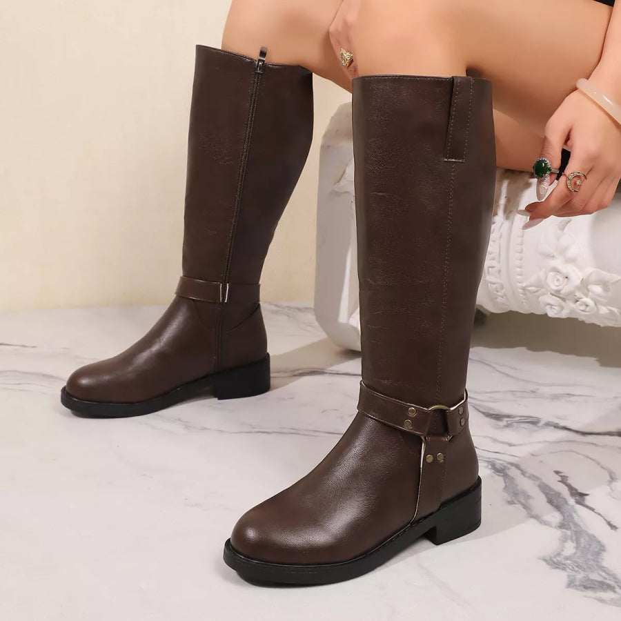 Knee-High Buckle Strap Riding Boots Brown / 36 Apparel and Accessories