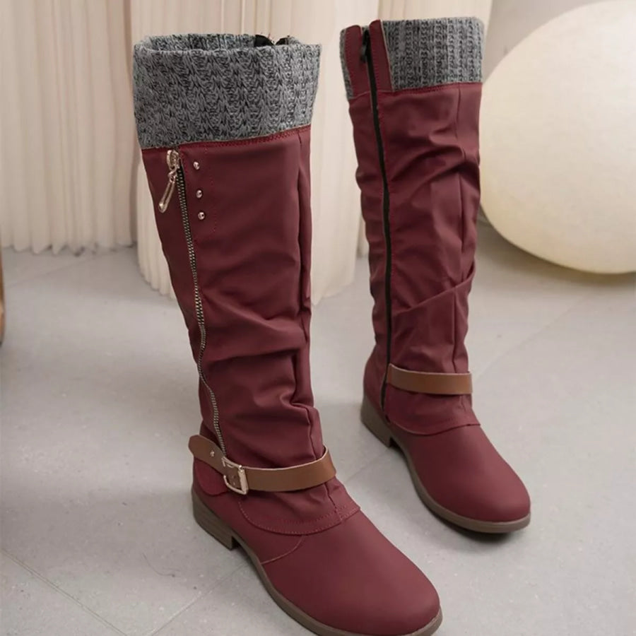 Knee High Slouch Boots with Knit Cuff Burgundy / 36 Apparel and Accessories
