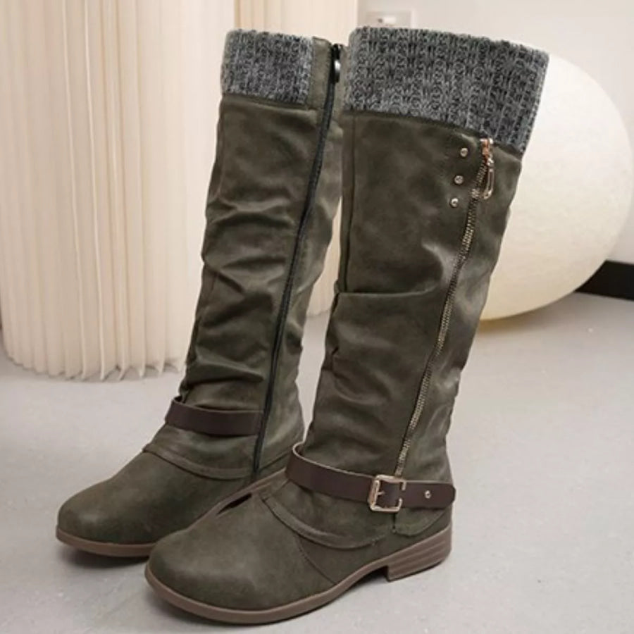 Knee High Slouch Boots with Knit Cuff Matcha Green / 36 Apparel and Accessories