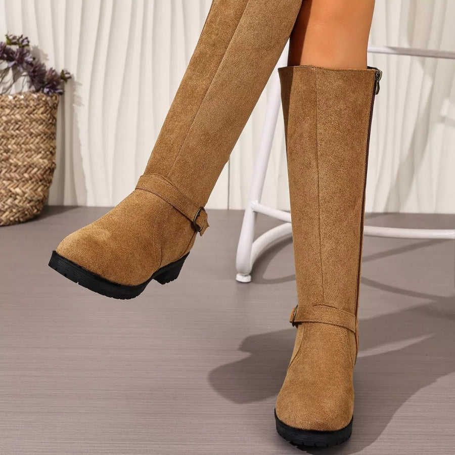 Knee-High Suede Buckle Accent Boots Khaki / 35 Apparel and Accessories