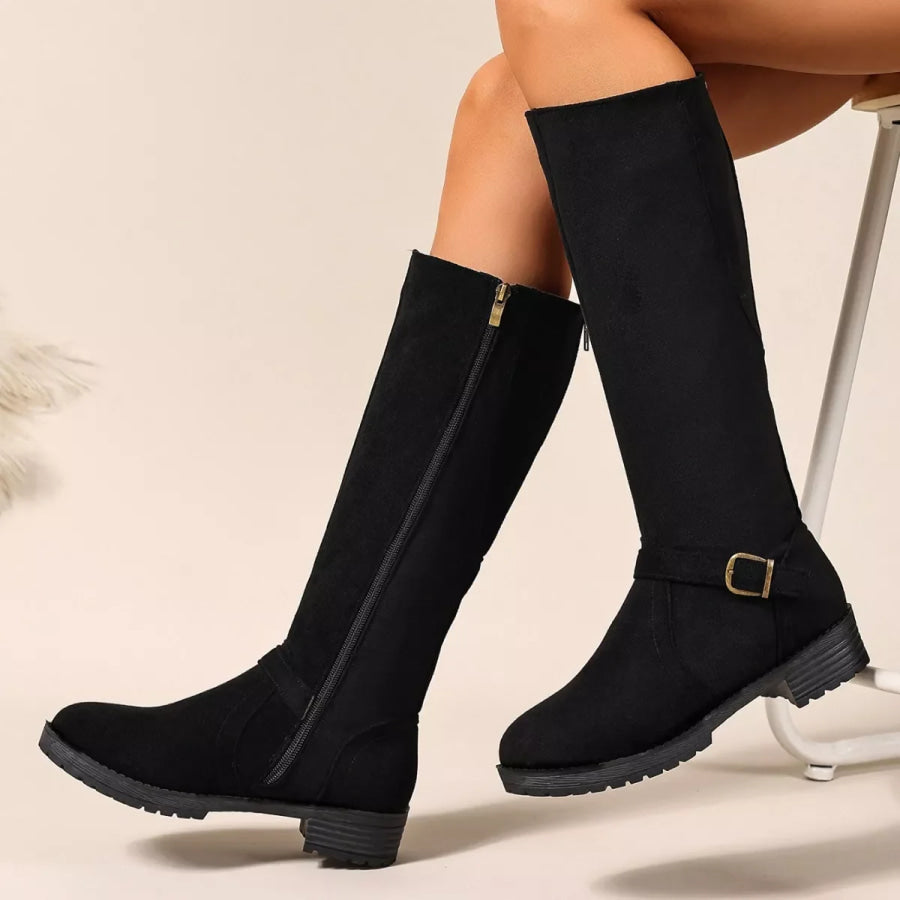 Knee-High Suede Buckle Accent Boots Black / 35 Apparel and Accessories