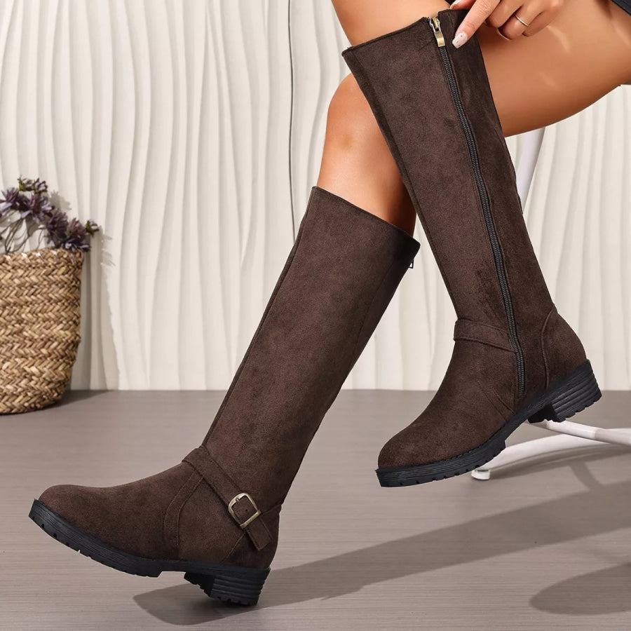 Knee-High Suede Buckle Accent Boots Dark Brown / 35 Apparel and Accessories