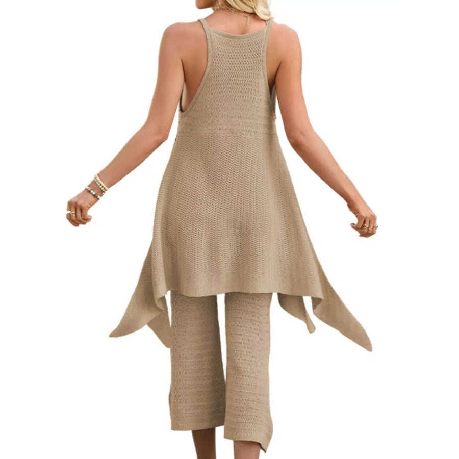 Knit V-Neck Sleeveless Top and Wide-Leg Pants Set Apparel and Accessories