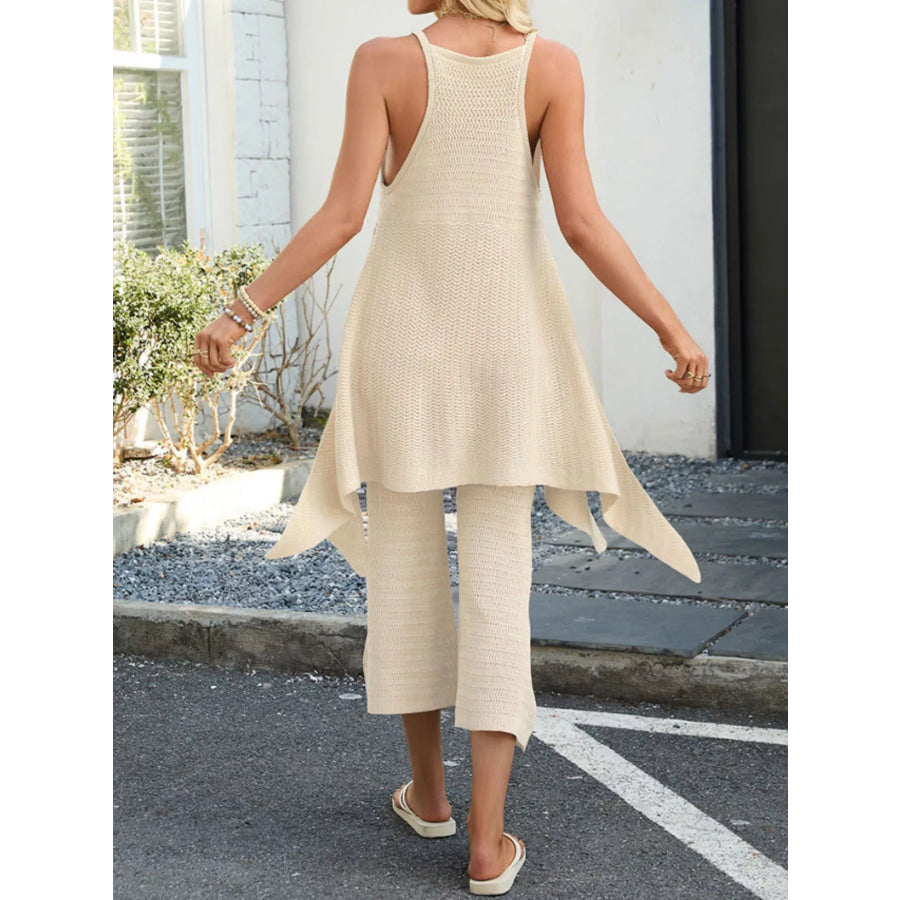 Knit V-Neck Sleeveless Top and Wide-Leg Pants Set Apparel and Accessories