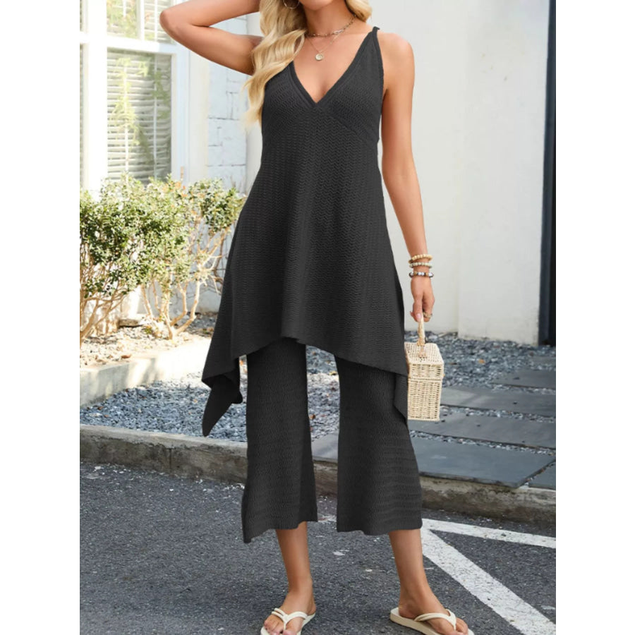 Knit V-Neck Sleeveless Top and Wide-Leg Pants Set Apparel and Accessories