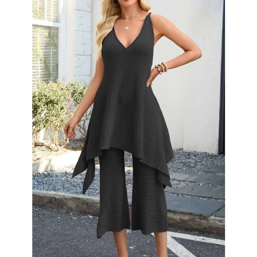 Knit V-Neck Sleeveless Top and Wide-Leg Pants Set Black / S Apparel and Accessories
