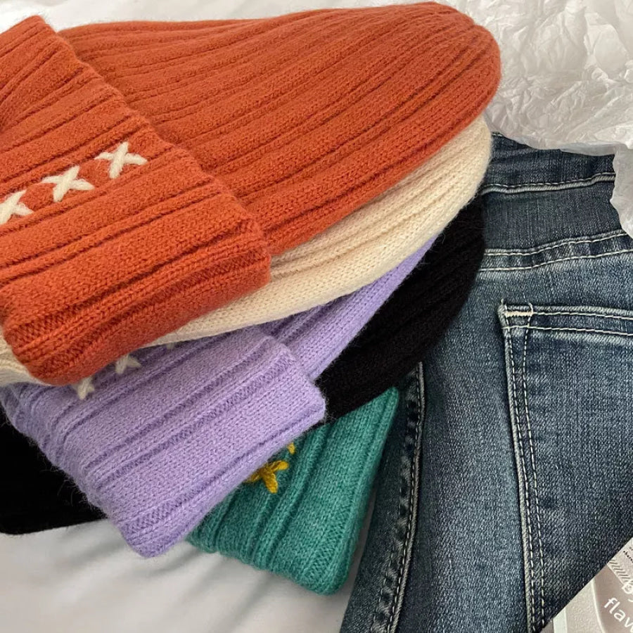 Knitted Beanie Hat with Embroidered Detail Apparel and Accessories