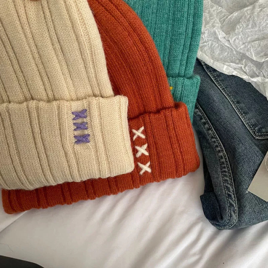 Knitted Beanie Hat with Embroidered Detail Apparel and Accessories
