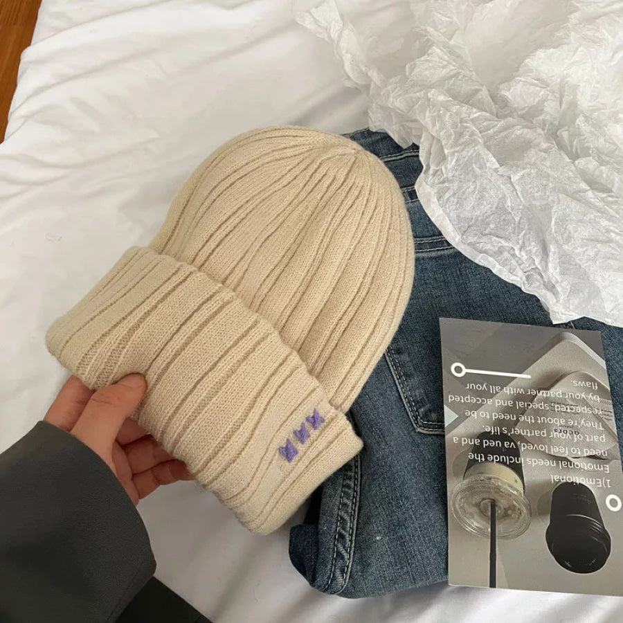 Knitted Beanie Hat with Embroidered Detail Beige / ONESIZE Apparel and Accessories