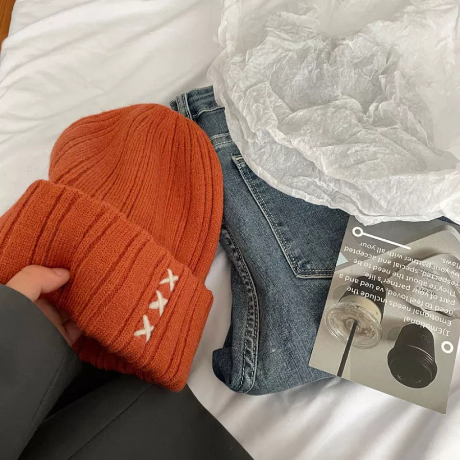 Knitted Beanie Hat with Embroidered Detail Orange / ONESIZE Apparel and Accessories