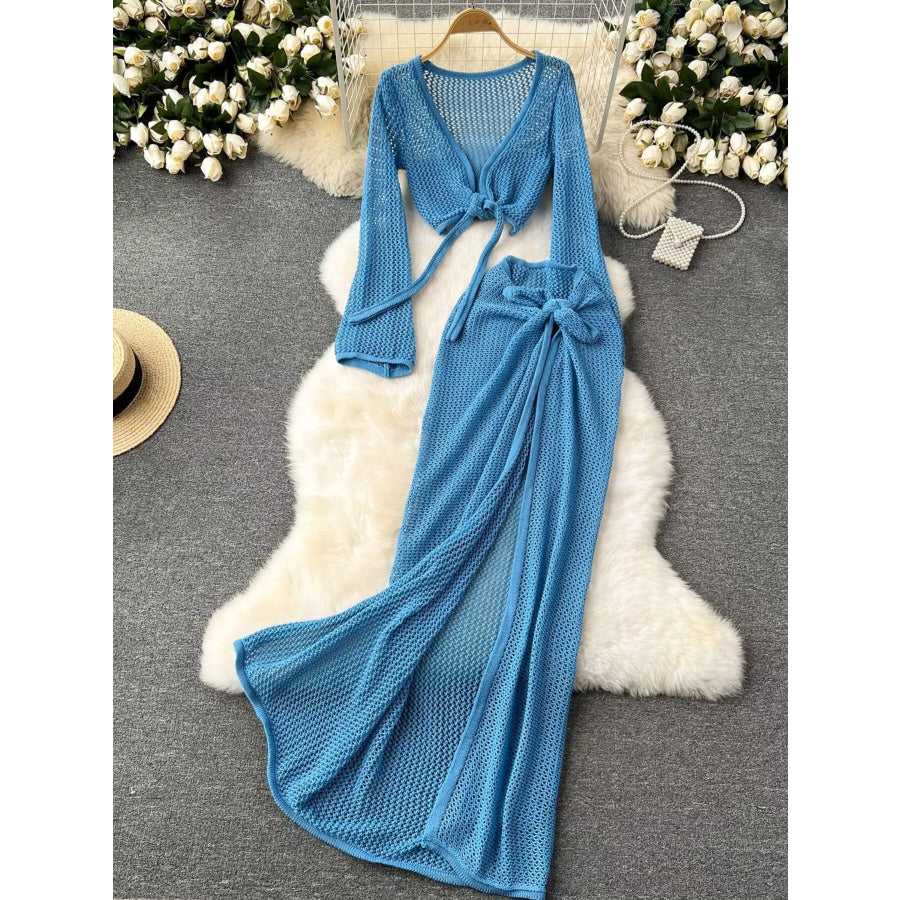Knitted Crop Top and Slit Skirt Set Blue / One Size Apparel and Accessories