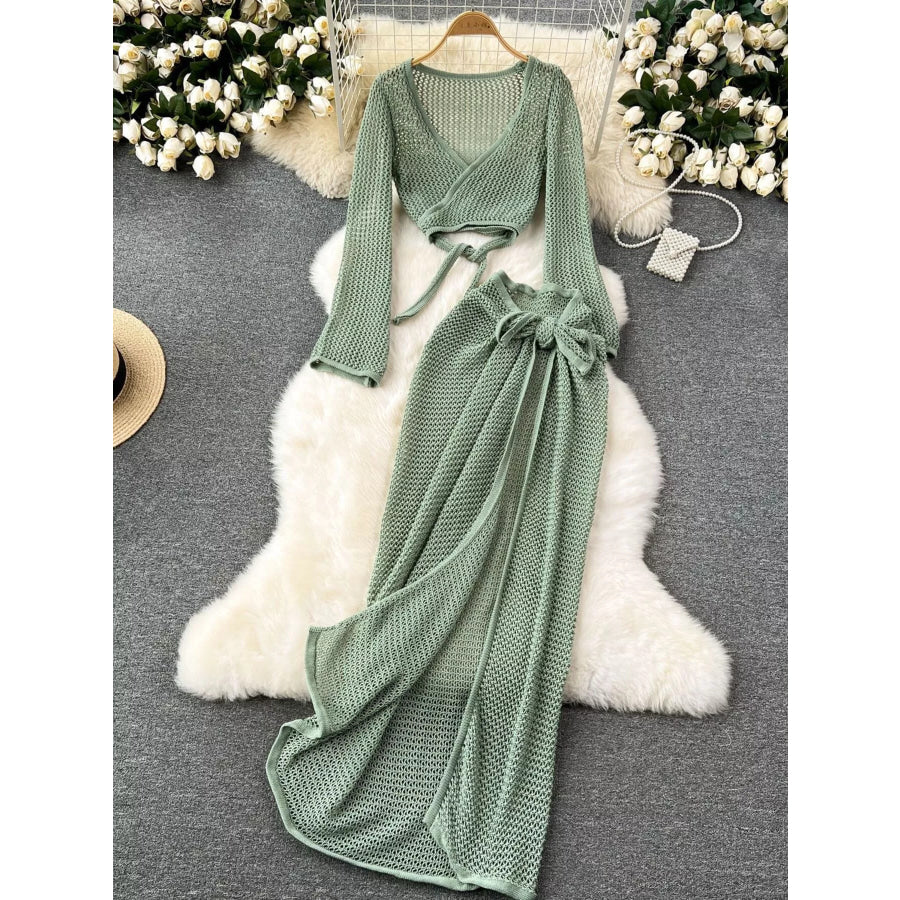 Knitted Crop Top and Slit Skirt Set Green / One Size Apparel and Accessories