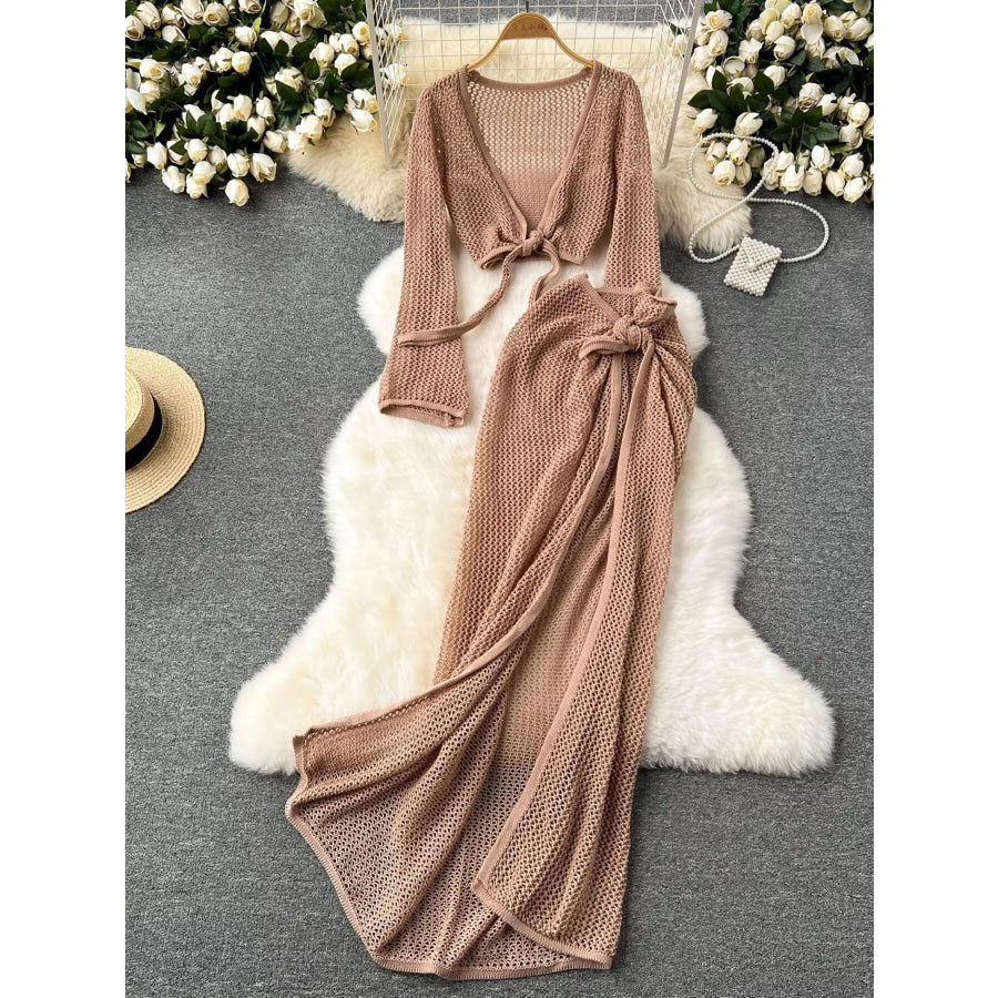 Knitted Crop Top and Slit Skirt Set Khaki / One Size Apparel and Accessories