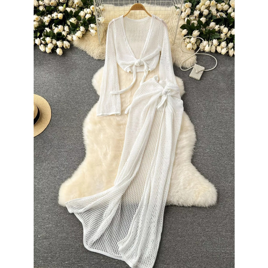 Knitted Crop Top and Slit Skirt Set White / One Size Apparel and Accessories