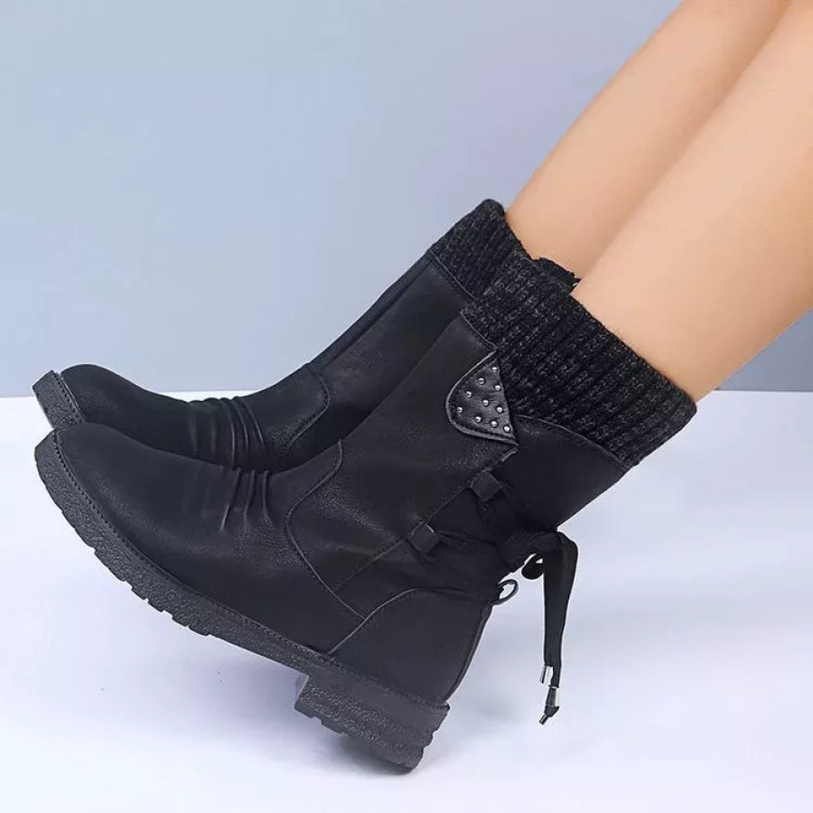 Knitted Cuff Round Toe Boots Black / 35 Apparel and Accessories