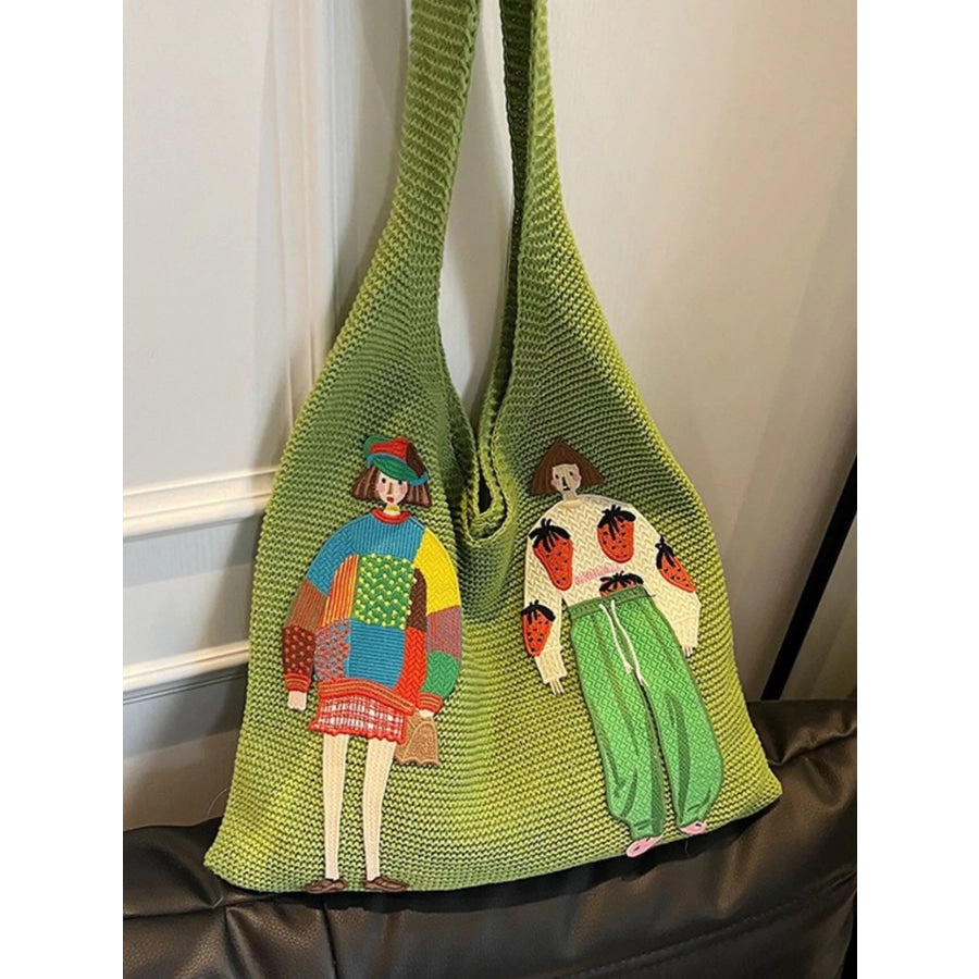 Knitted Embroidered Shoulder Bag Green / ONESIZE Apparel and Accessories