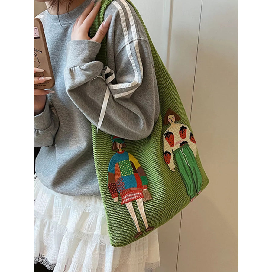 Knitted Embroidered Shoulder Bag Green / ONESIZE Apparel and Accessories