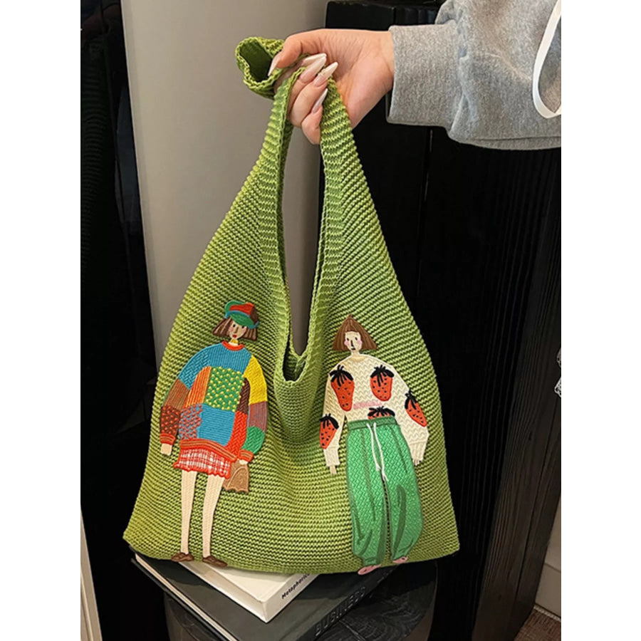 Knitted Embroidered Shoulder Bag Green / ONESIZE Apparel and Accessories