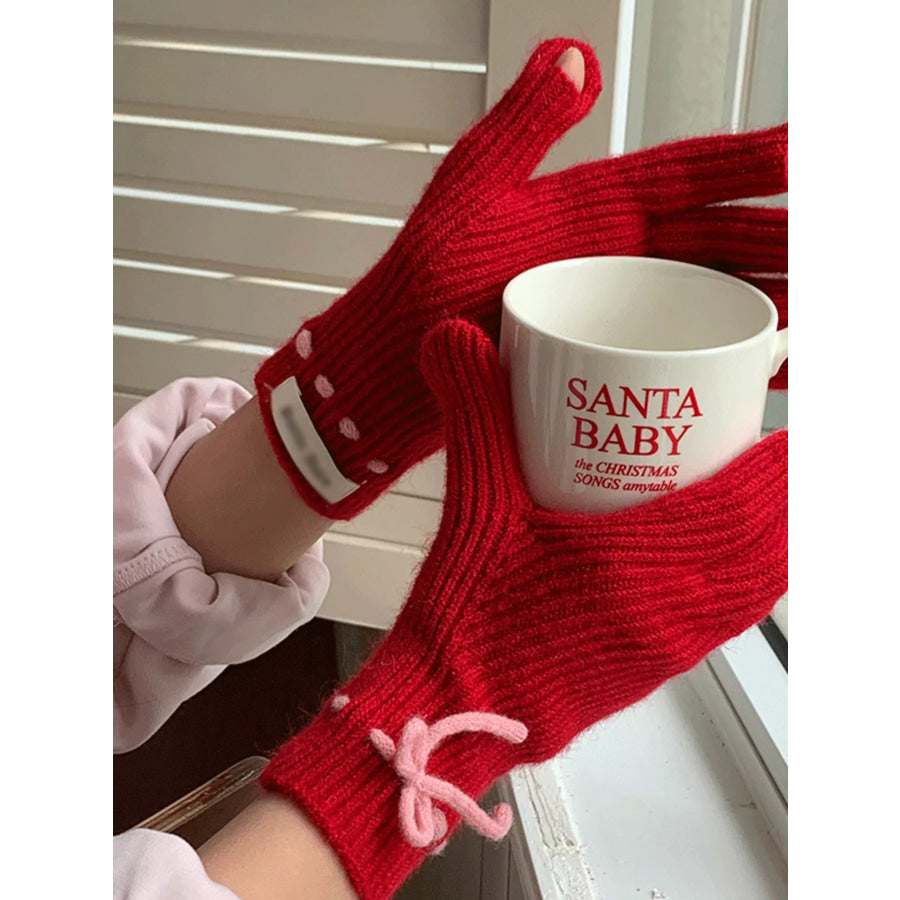 Knitted Gloves with Bow Accent Apparel and Accessories