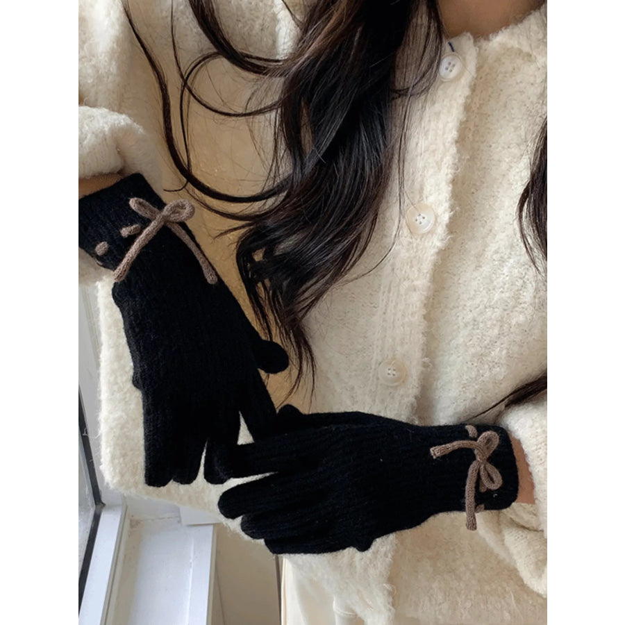 Knitted Gloves with Bow Accent Black / One Size Apparel and Accessories