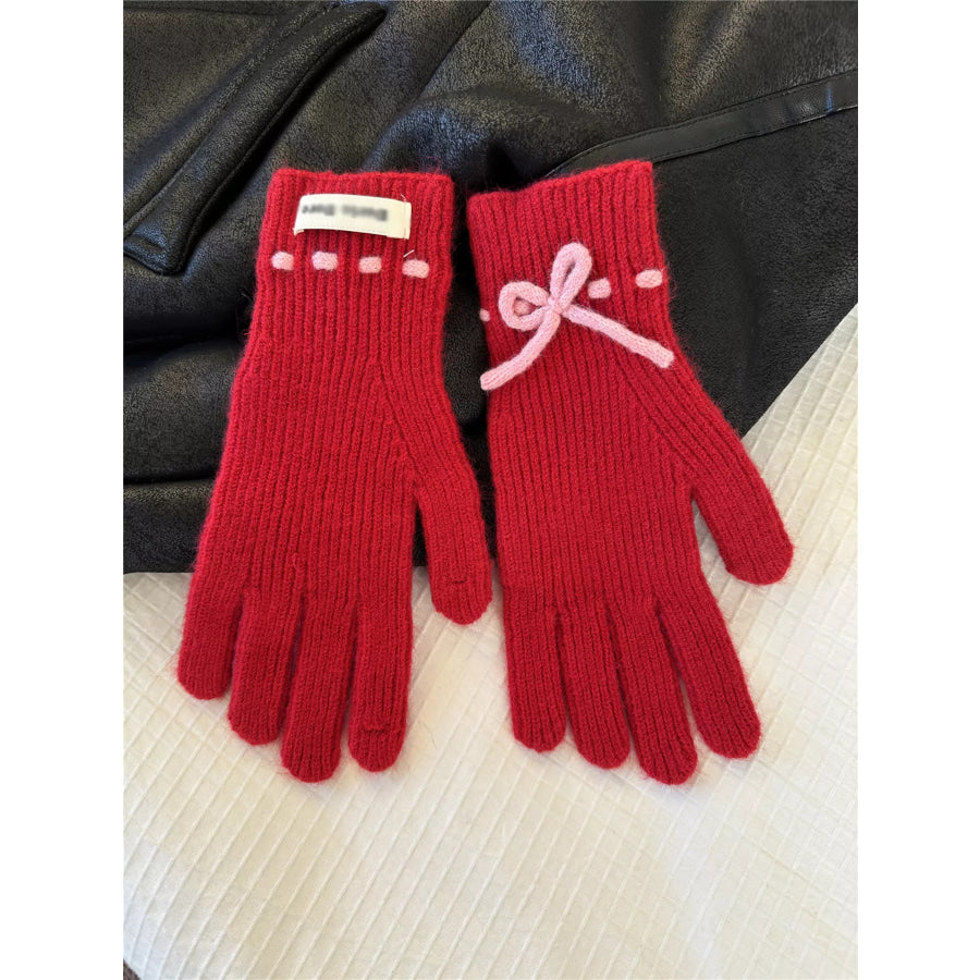 Knitted Gloves with Bow Accent Chinese Red / One Size Apparel and Accessories