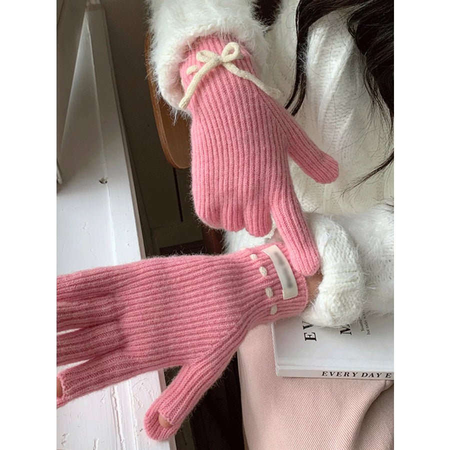 Knitted Gloves with Bow Accent Pink / One Size Apparel and Accessories