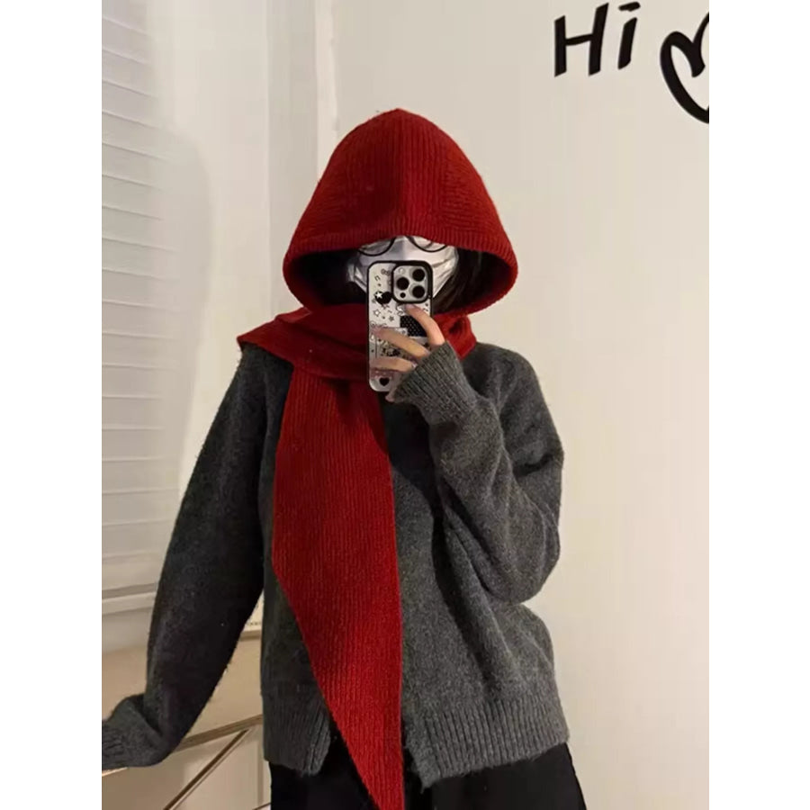 Knitted Hat with Attached Scarf Burgundy / One Size Apparel and Accessories
