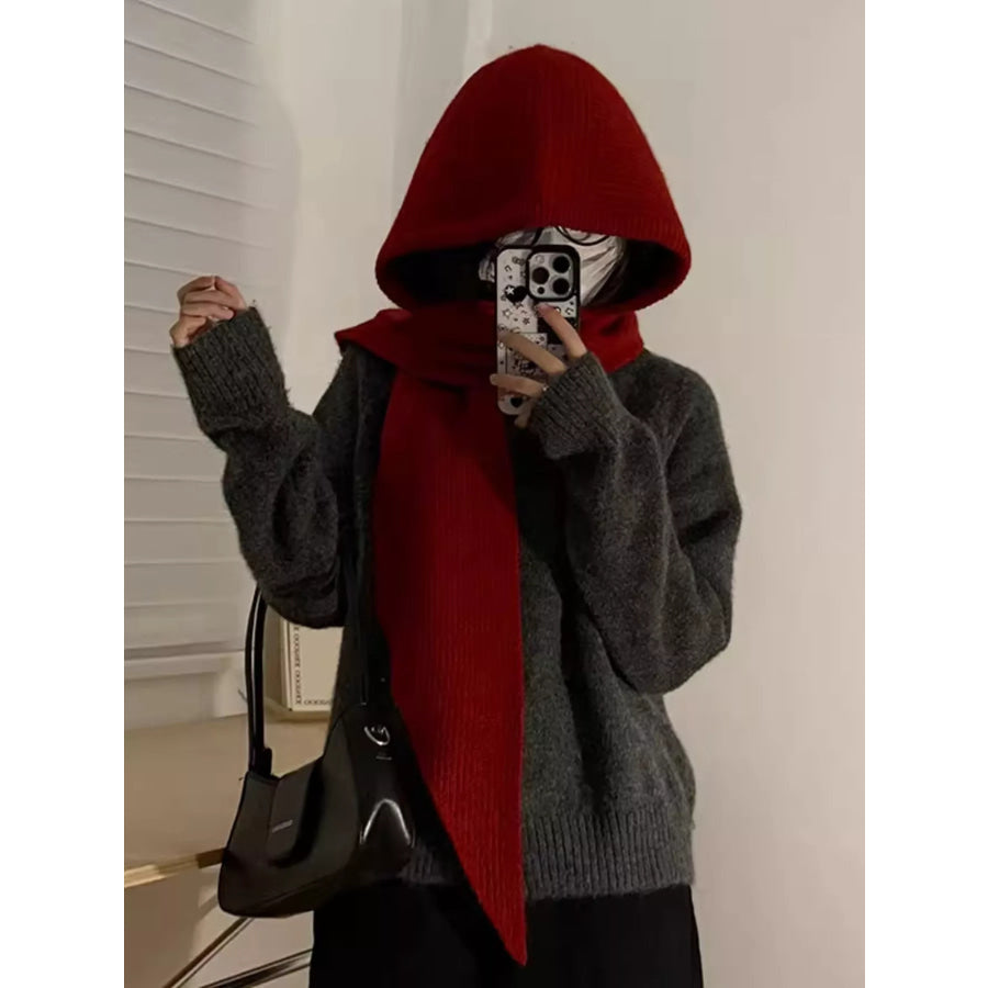 Knitted Hat with Attached Scarf Burgundy / One Size Apparel and Accessories