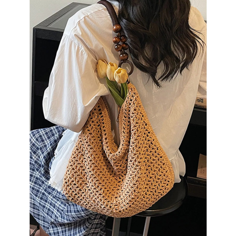 Knitted Shoulder Bag with Wooden Bead Handle Apparel and Accessories