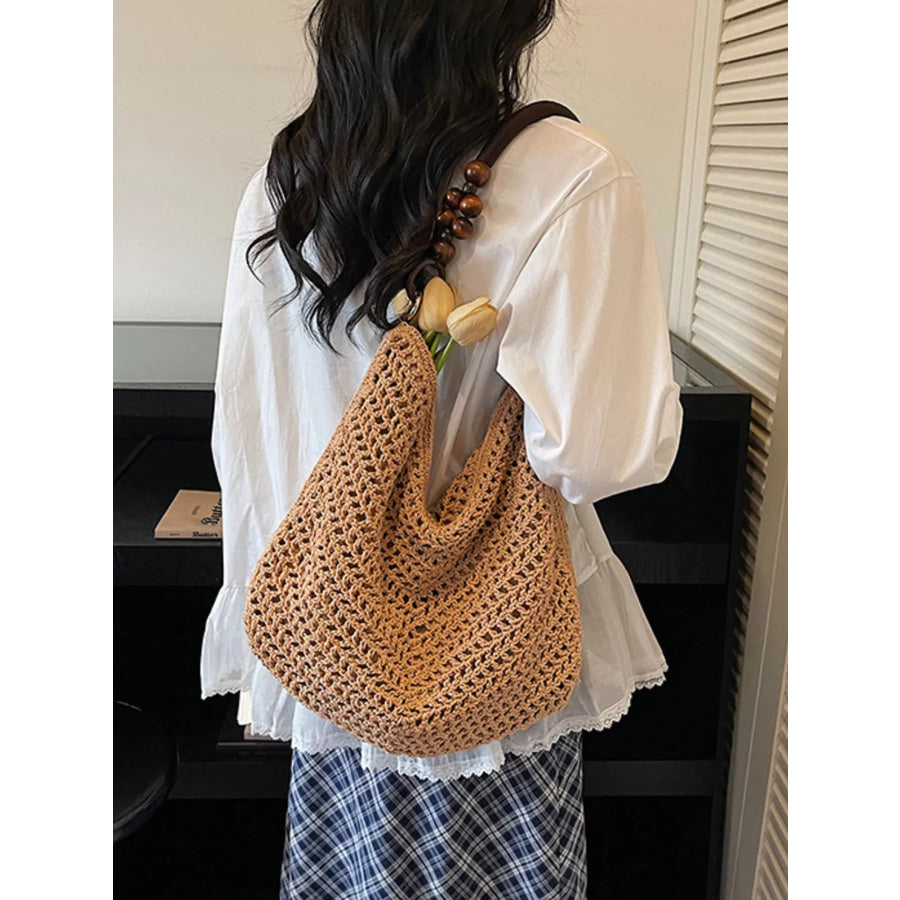 Knitted Shoulder Bag with Wooden Bead Handle Apparel and Accessories