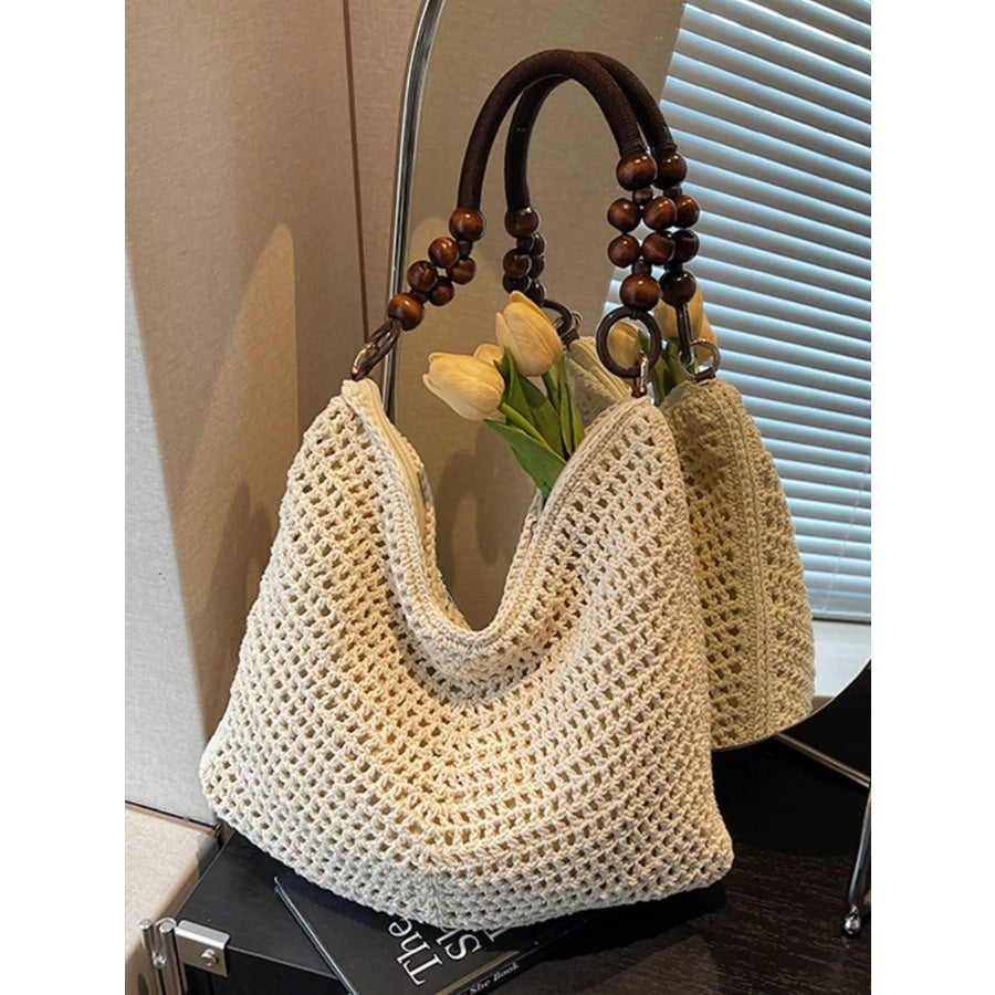 Knitted Shoulder Bag with Wooden Bead Handle Apparel and Accessories