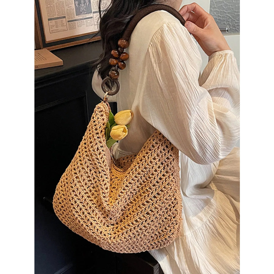 Knitted Shoulder Bag with Wooden Bead Handle Apparel and Accessories