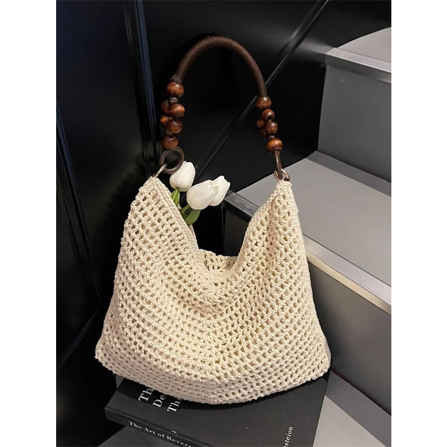 Knitted Shoulder Bag with Wooden Bead Handle Apparel and Accessories