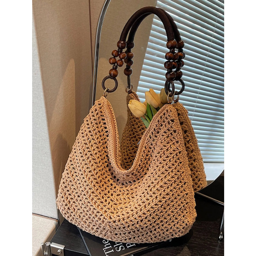 Knitted Shoulder Bag with Wooden Bead Handle Apparel and Accessories