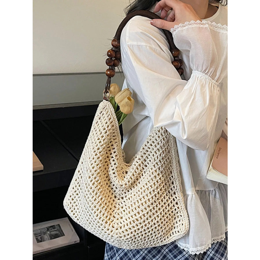Knitted Shoulder Bag with Wooden Bead Handle Apparel and Accessories
