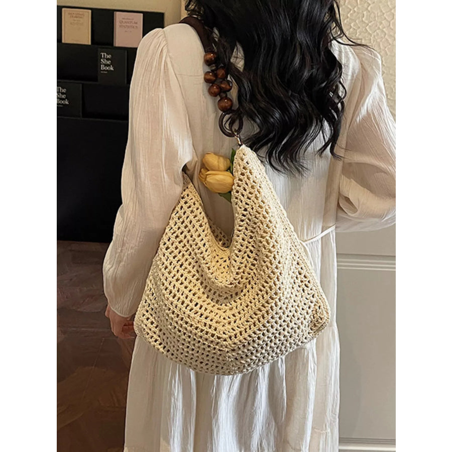 Knitted Shoulder Bag with Wooden Bead Handle Apparel and Accessories