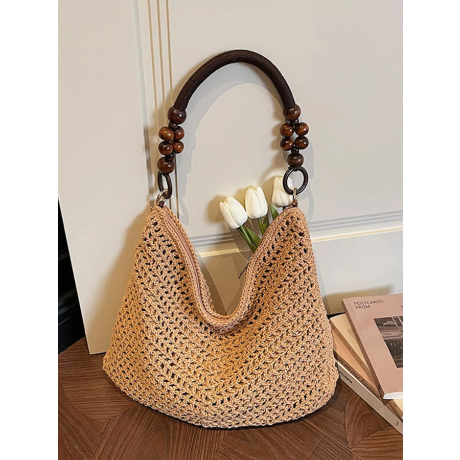 Knitted Shoulder Bag with Wooden Bead Handle Apparel and Accessories