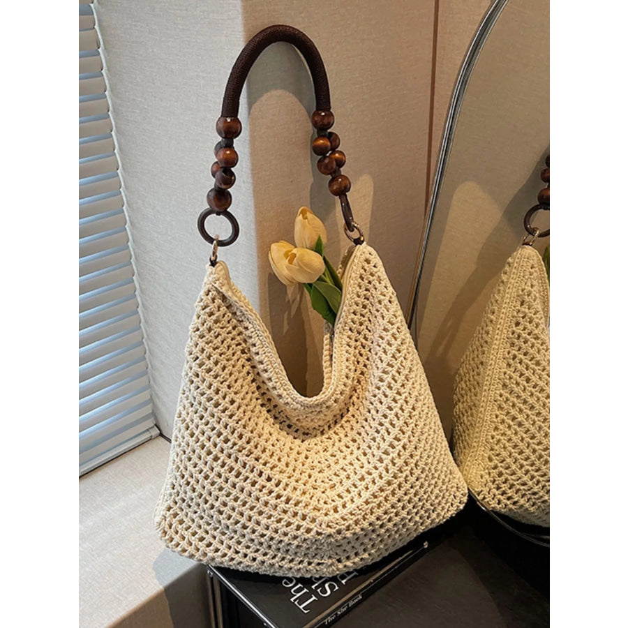 Knitted Shoulder Bag with Wooden Bead Handle Ivory / One Size Apparel and Accessories