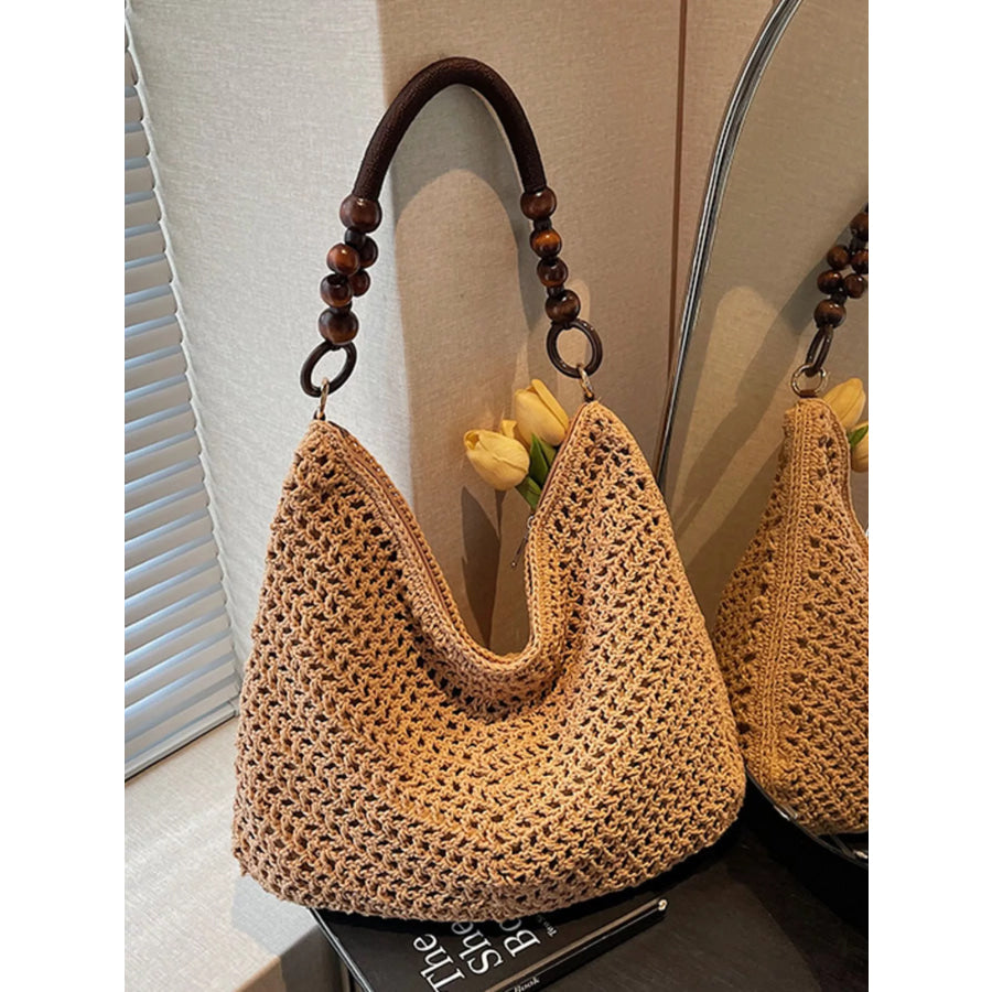 Knitted Shoulder Bag with Wooden Bead Handle Khaki / One Size Apparel and Accessories