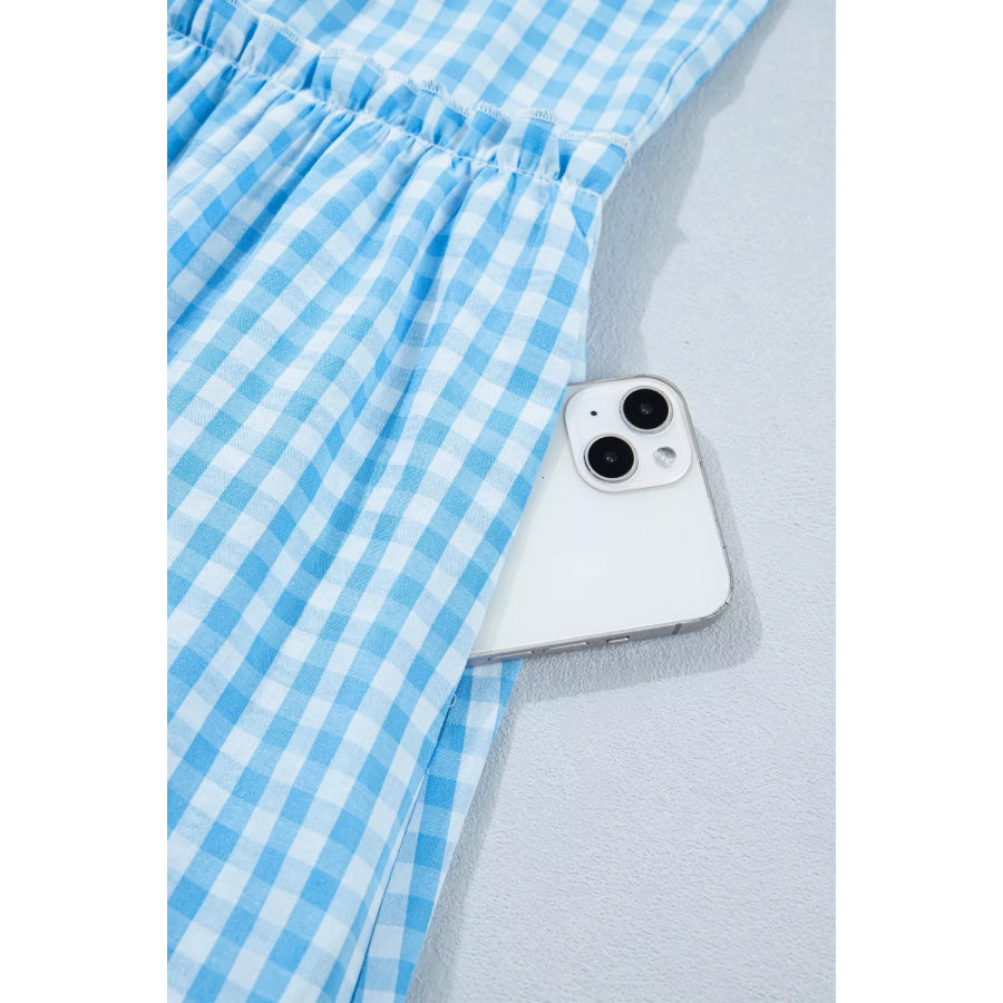 Knot Back Ruffled Short Sleeve Gingham Maxi Dress Apparel and Accessories