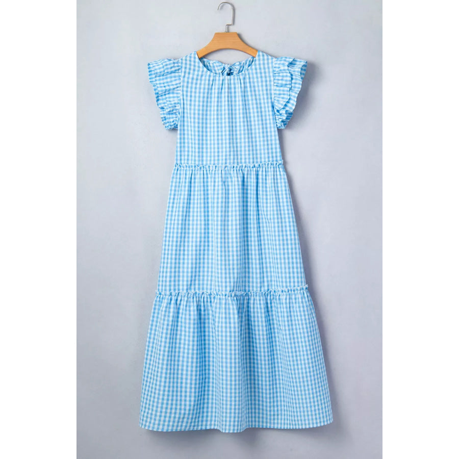 Knot Back Ruffled Short Sleeve Gingham Maxi Dress Apparel and Accessories
