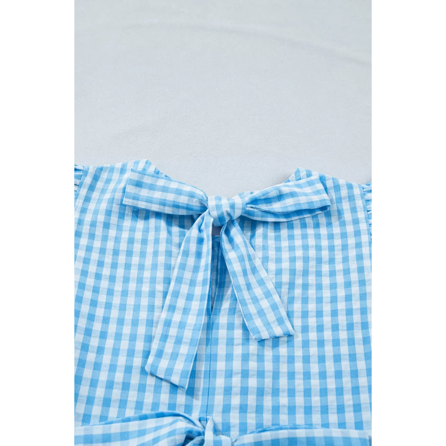 Knot Back Ruffled Short Sleeve Gingham Maxi Dress Apparel and Accessories