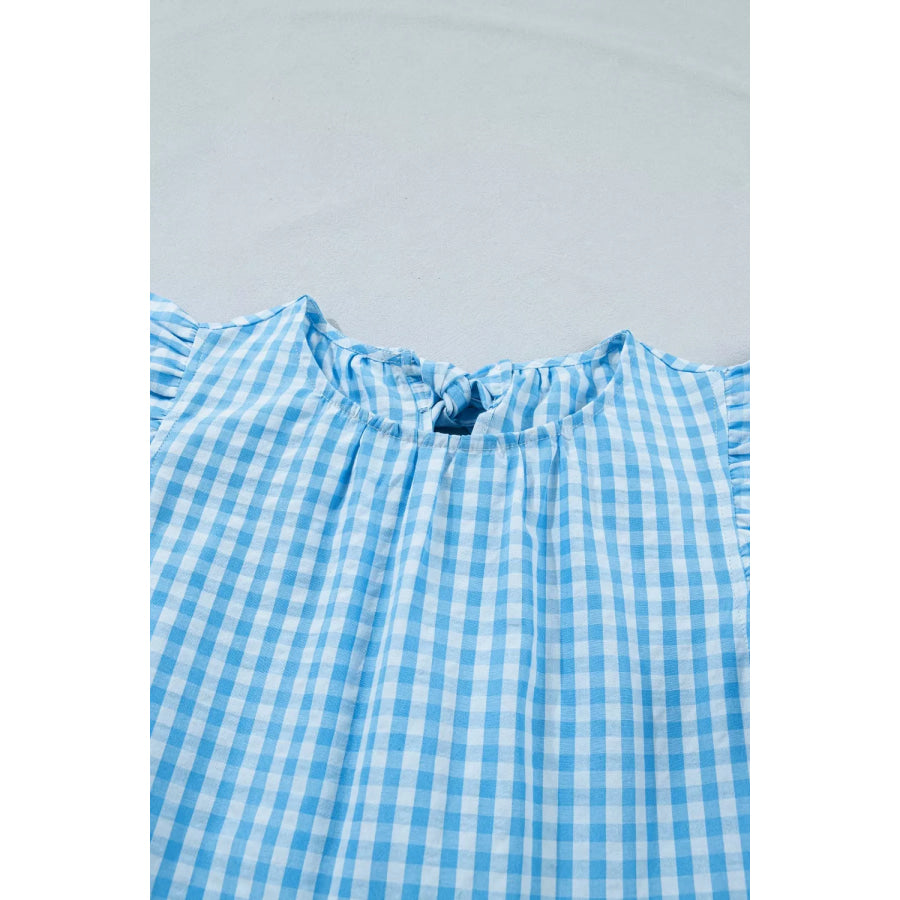 Knot Back Ruffled Short Sleeve Gingham Maxi Dress Apparel and Accessories