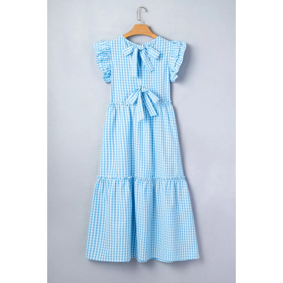Knot Back Ruffled Short Sleeve Gingham Maxi Dress Apparel and Accessories