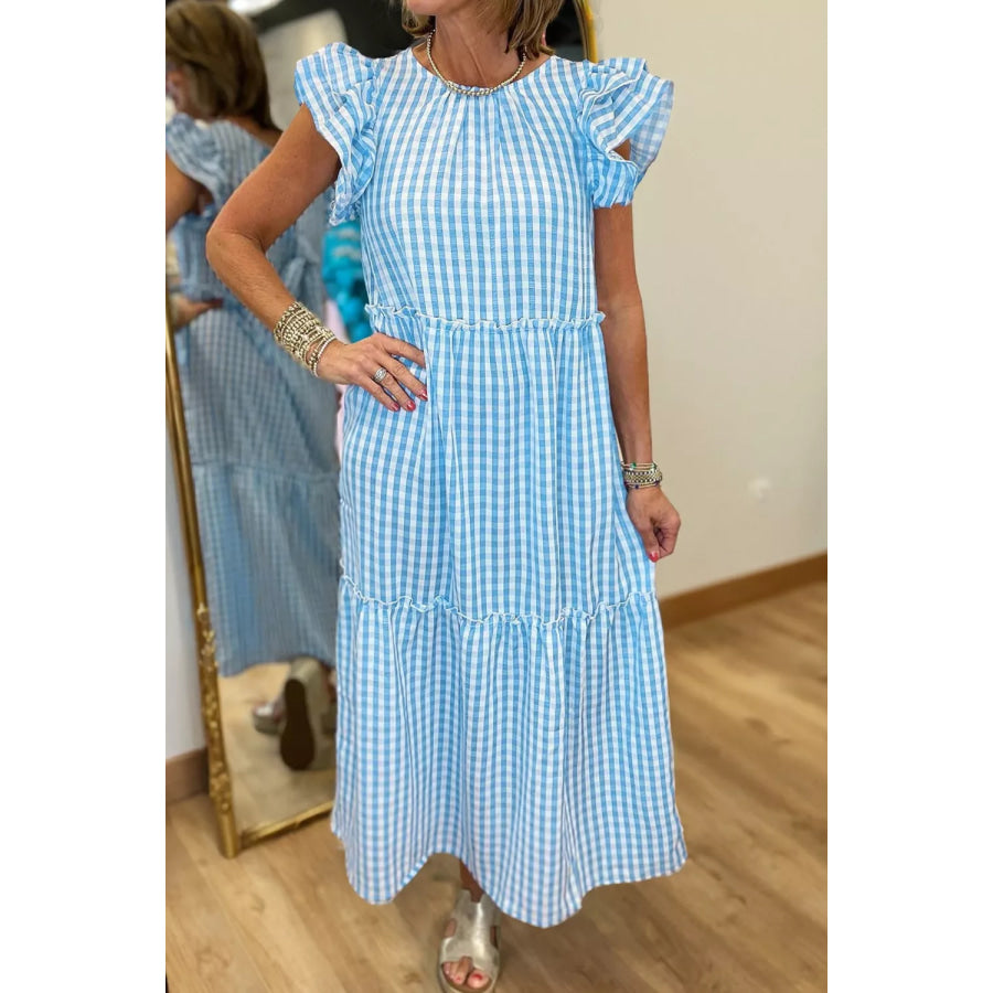 Knot Back Ruffled Short Sleeve Gingham Maxi Dress Light Blue / S Apparel and Accessories