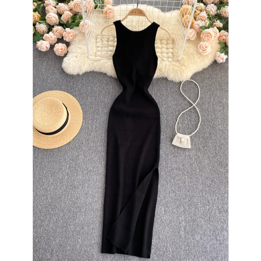 Knot Back Sleeveless Knit Bodycon Midi Dres Black / One Size Apparel and Accessories