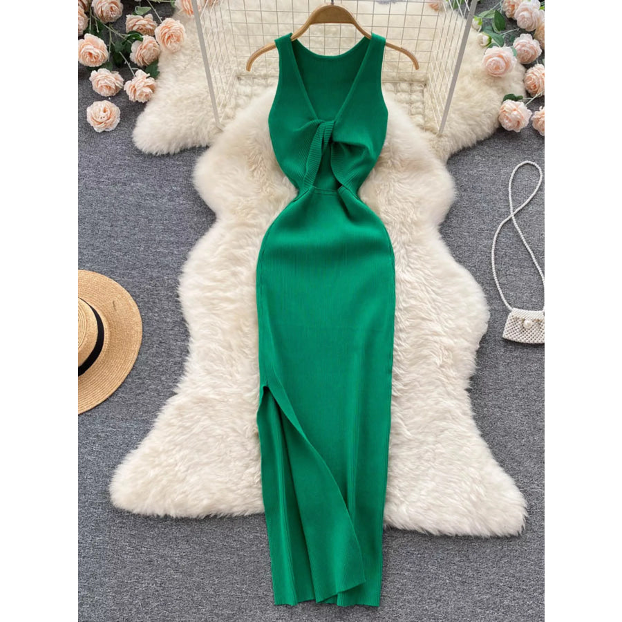 Knot Back Sleeveless Knit Bodycon Midi Dres Emerald Green / One Size Apparel and Accessories