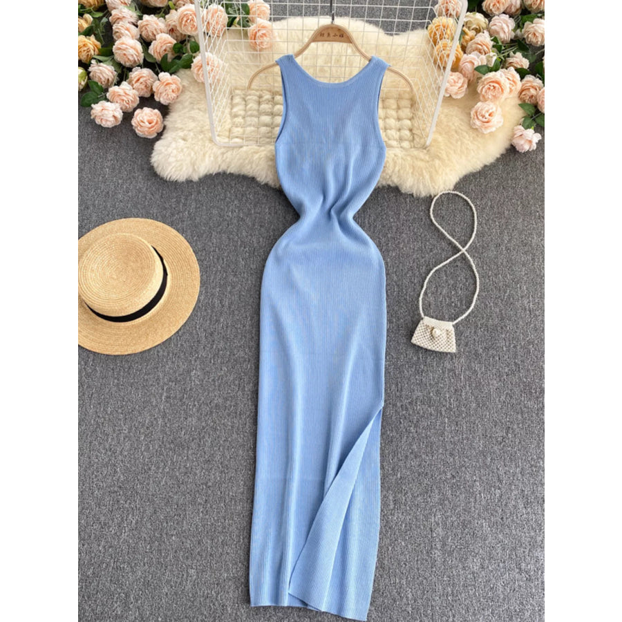 Knot Back Sleeveless Knit Bodycon Midi Dres Light Blue / One Size Apparel and Accessories