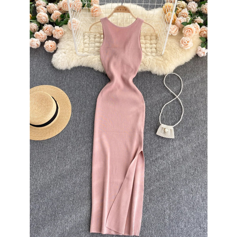 Knot Back Sleeveless Knit Bodycon Midi Dres Pink / One Size Apparel and Accessories